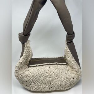 Carlota Chic Cream Woven Shoulder Bag with Grey Leather Details